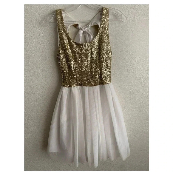 🆕B.Darlin A-Line Scoop Short Gold Sequin Ivory Dress 3/4🆕 - Picture 5 of 14